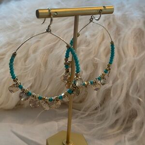 Gold and Turquoise Beaded Hoop Earrings